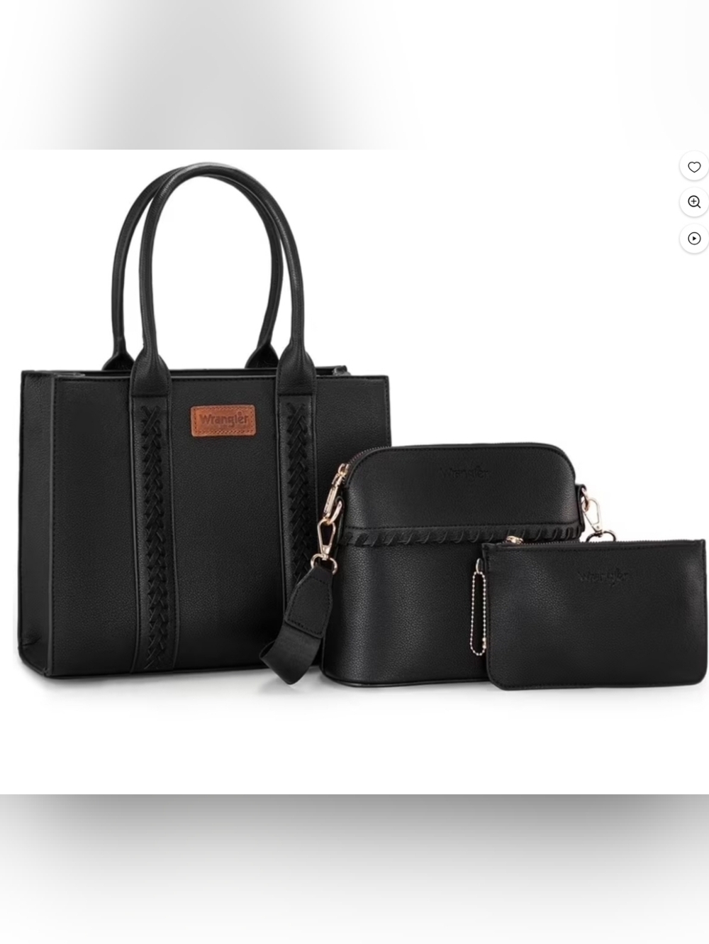 Wrangler Black 3-Piece Tote, Crossbody & Pouch Set with Braided Detail